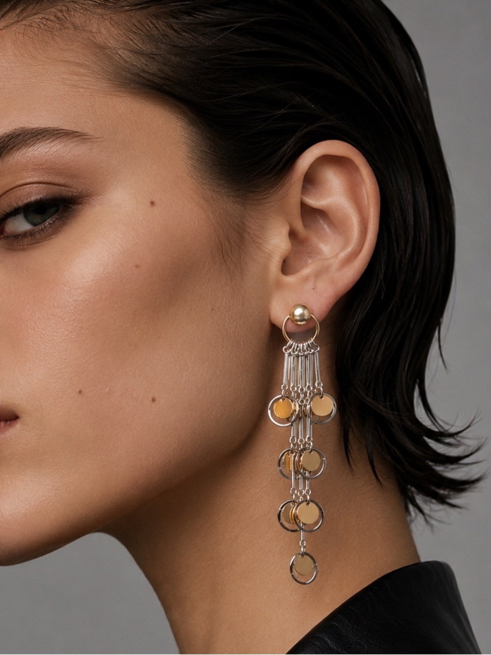 Long Dangle Hoop Earrings with Gold Discs - Women Jewelry